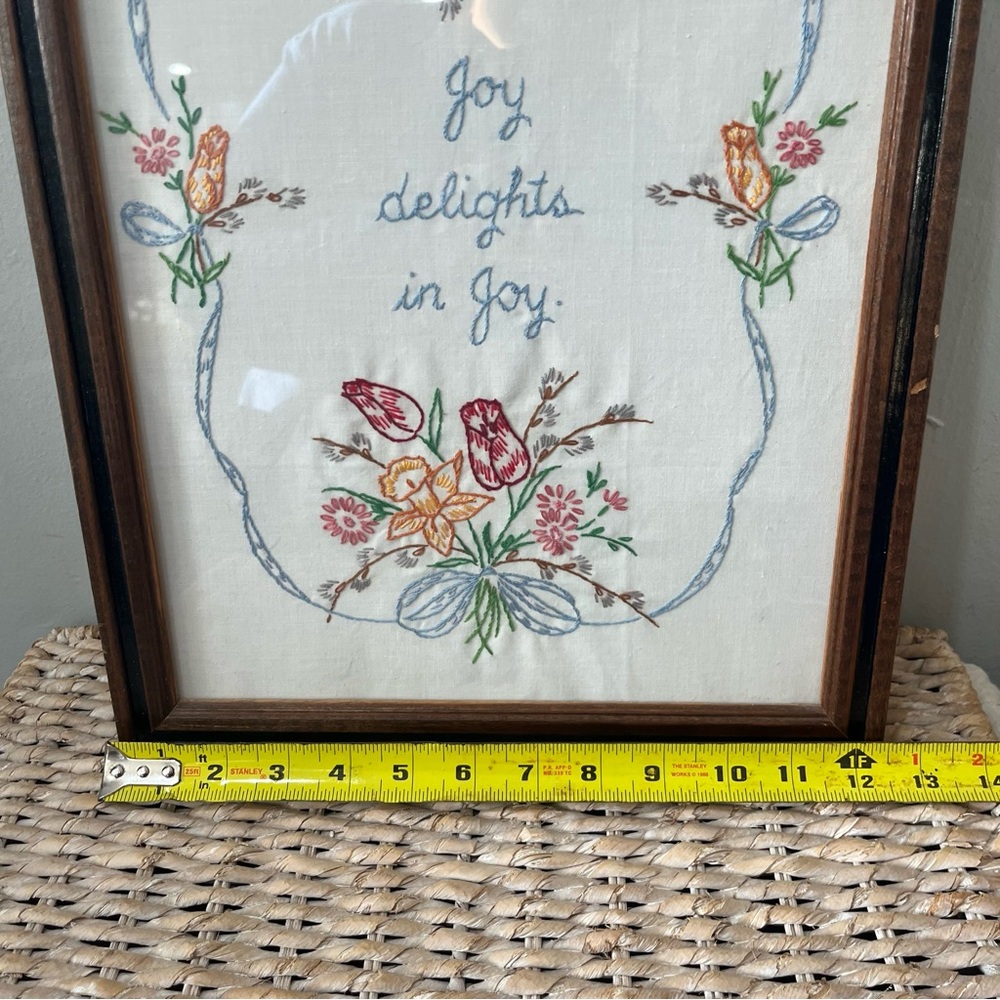 joy delights in joy embroidered framed Piece Flowers 12.5” X 15.5” Grandma Core - Picture 8 of 8